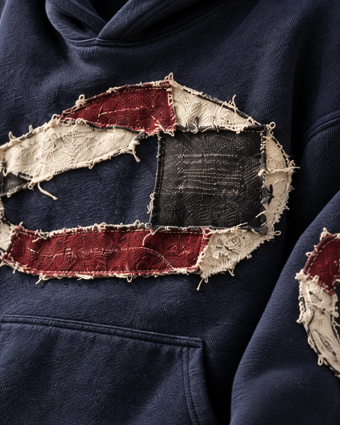 Close-up of fabric and signature construction — Appliqué & Embroidered Hoodie in navy / bone / oxblood, AI-generated design concept