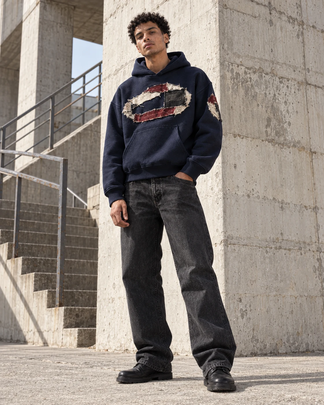 Full-body streetwear styling — Appliqué & Embroidered Hoodie in navy / bone / oxblood, AI-generated design concept