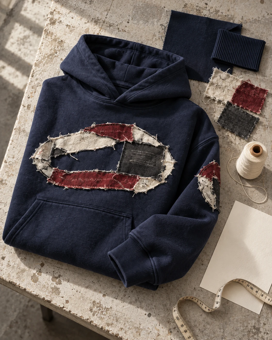 Garment development concept with materials and trims — Appliqué & Embroidered Hoodie in navy / bone / oxblood, AI-generated design concept