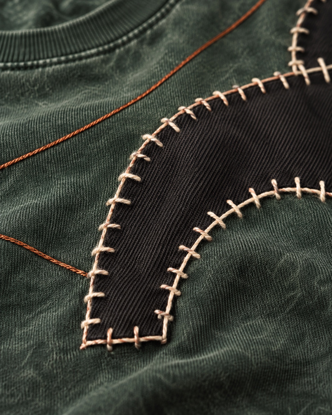 Fabric and construction close-up of the original appliqué embroidery t-shirt concept in forest / charcoal / copper