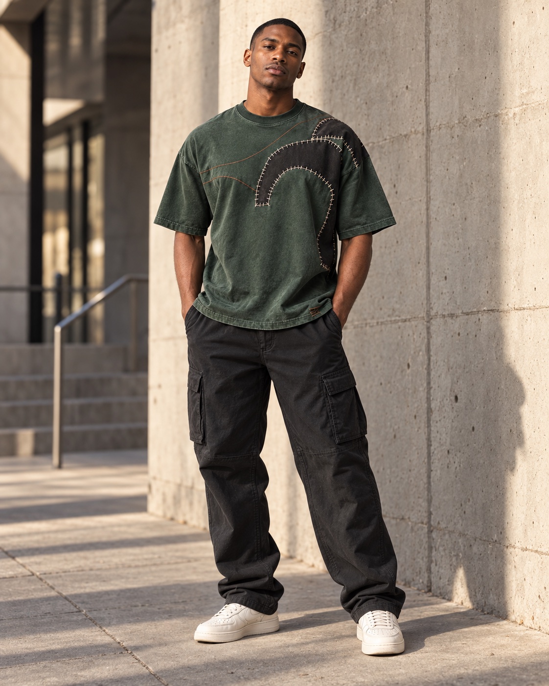 Full-body street styling of the original appliqué embroidery t-shirt concept in forest / charcoal / copper