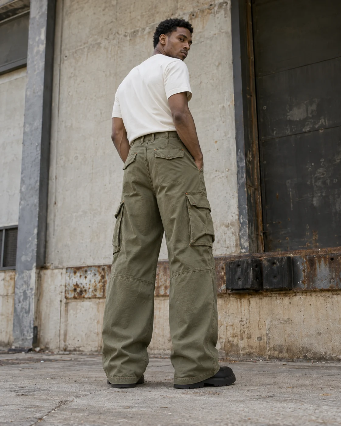 Distinct back design on the same model — Baggy Cargo Pants in washed olive / rust, AI-generated design concept