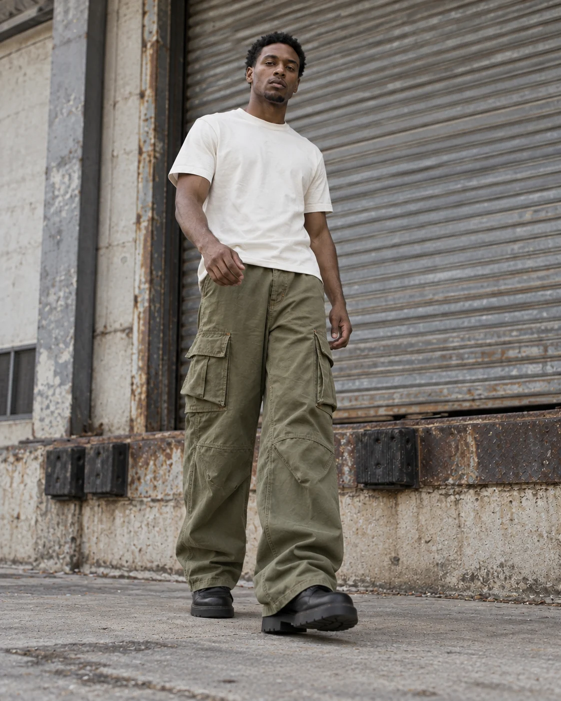 Full-body streetwear styling — Baggy Cargo Pants in washed olive / rust, AI-generated design concept