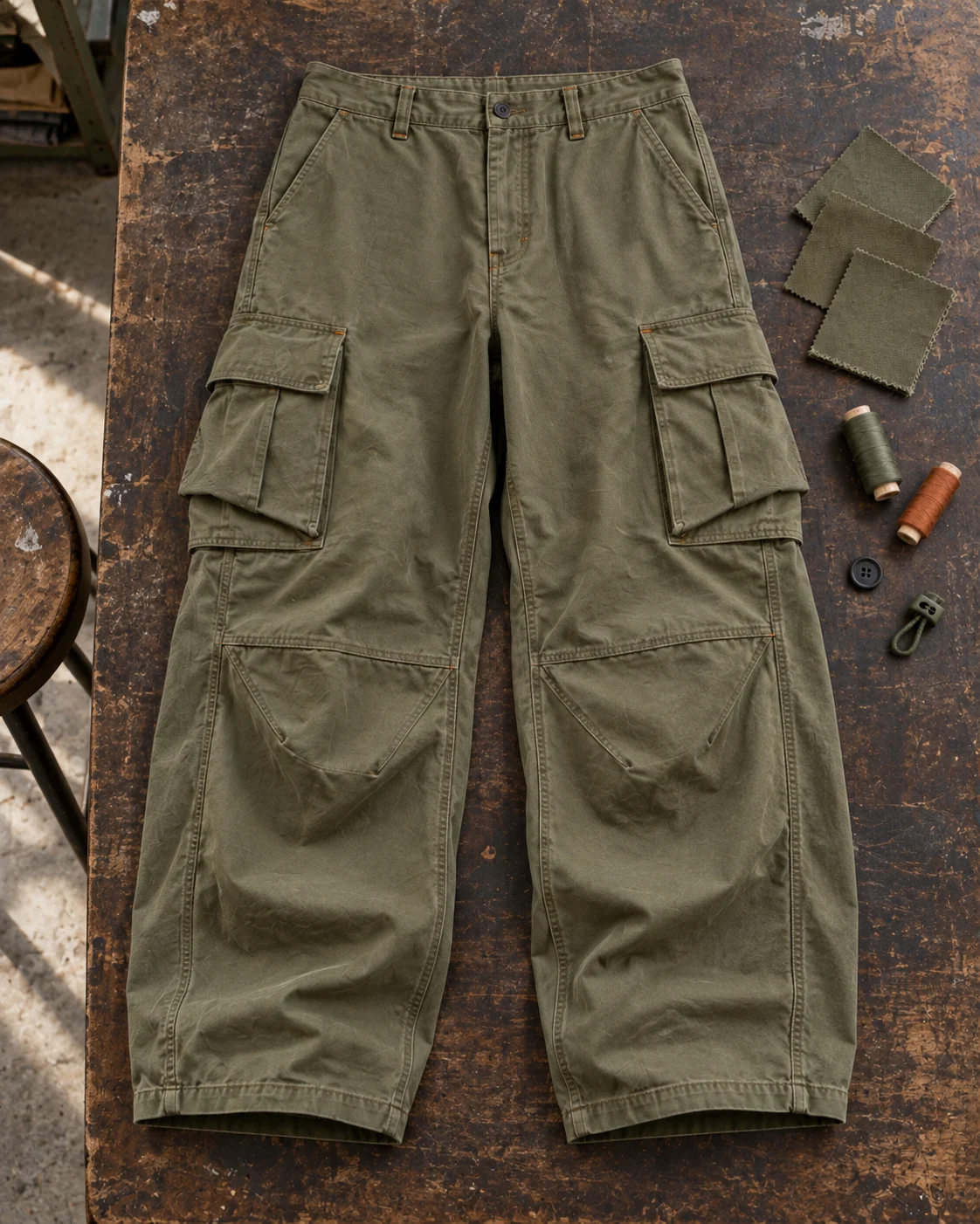 Garment development concept with materials and trims — Baggy Cargo Pants in washed olive / rust, AI-generated design concept