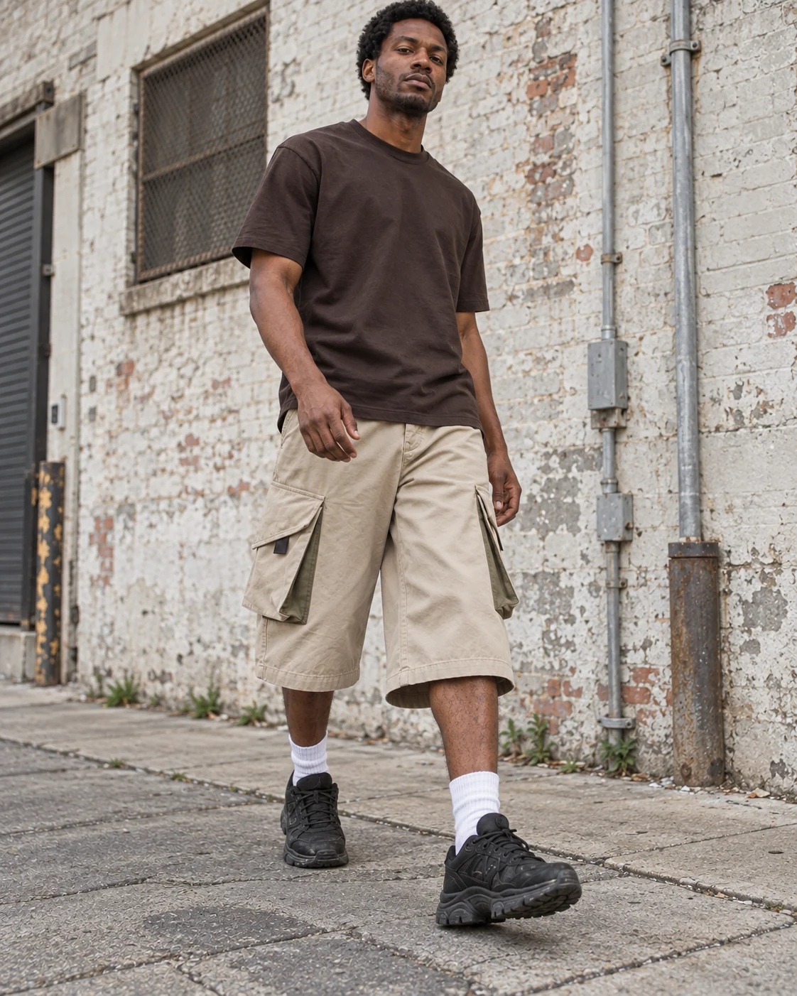 Full-body streetwear styling — Baggy Cargo Shorts in sand / olive, AI-generated design concept