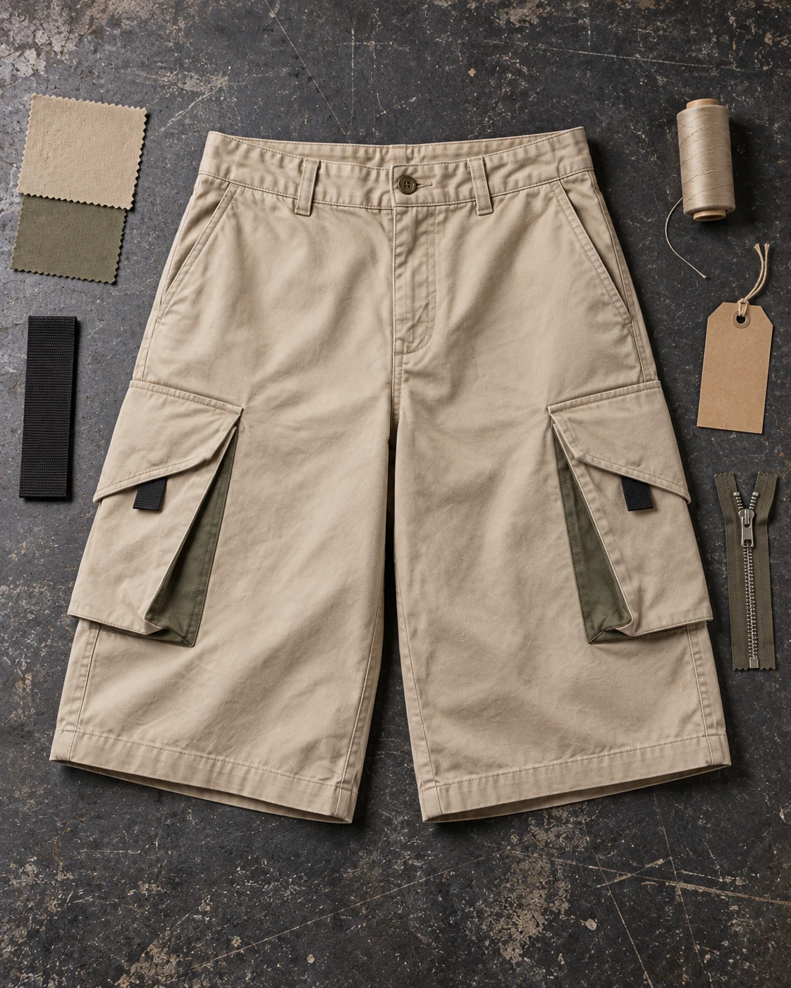 Garment development concept with materials and trims — Baggy Cargo Shorts in sand / olive, AI-generated design concept