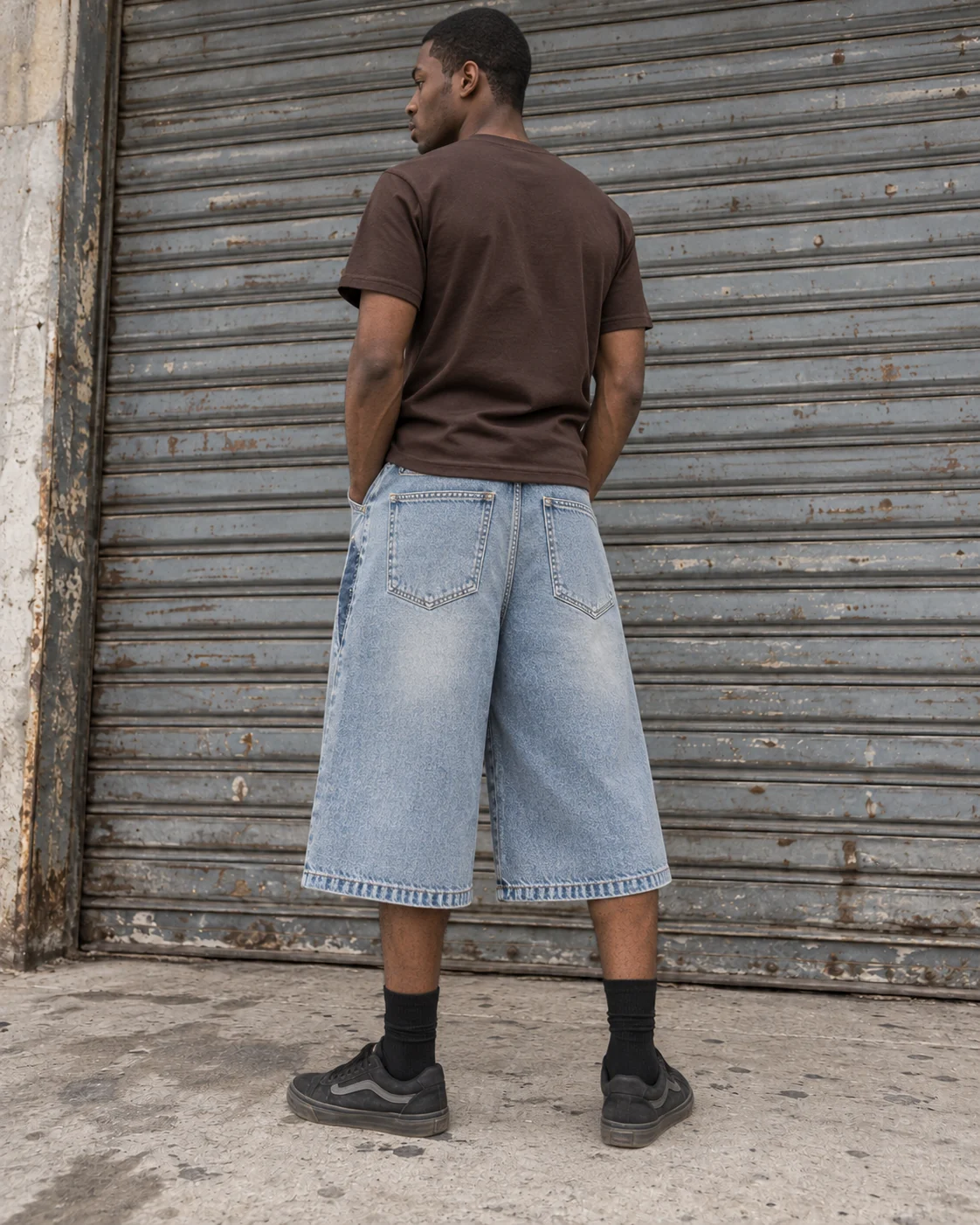 Distinct back design on the same model — Baggy Denim Shorts / Jorts in faded light blue / indigo, AI-generated design concept