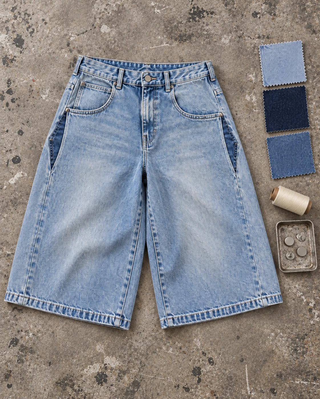 Garment development concept with materials and trims — Baggy Denim Shorts / Jorts in faded light blue / indigo, AI-generated design concept