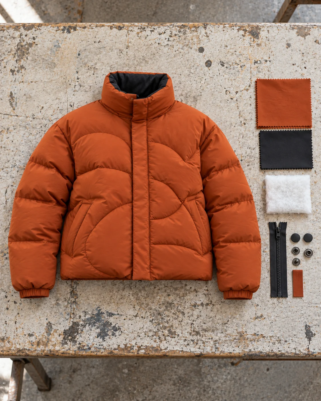 Garment development concept with materials and trims — Boxy Puffer Jacket in burnt orange / charcoal, AI-generated design concept