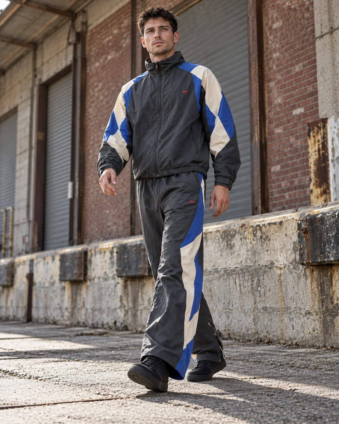 Full-body streetwear styling of the matching set — Color-Block Woven Tracksuit in charcoal / cobalt / bone, AI-generated design concept