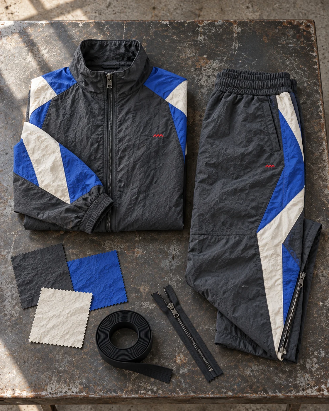 Two-piece development concept with materials and trims — Color-Block Woven Tracksuit in charcoal / cobalt / bone, AI-generated design concept