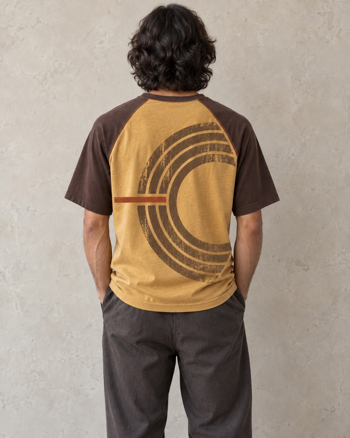 Back on-model view of the original contrast raglan t-shirt concept in mustard / espresso