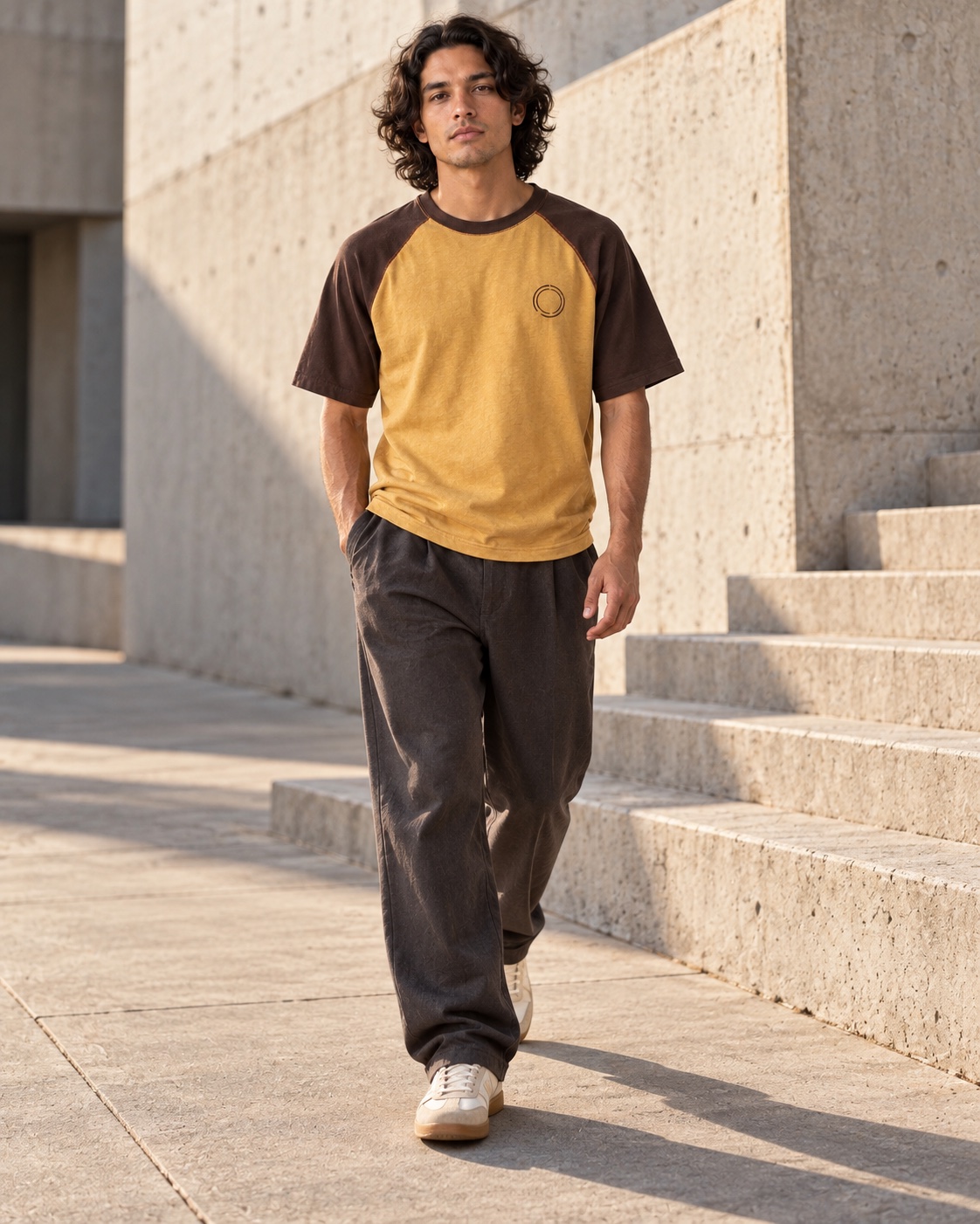 Full-body street styling of the original contrast raglan t-shirt concept in mustard / espresso