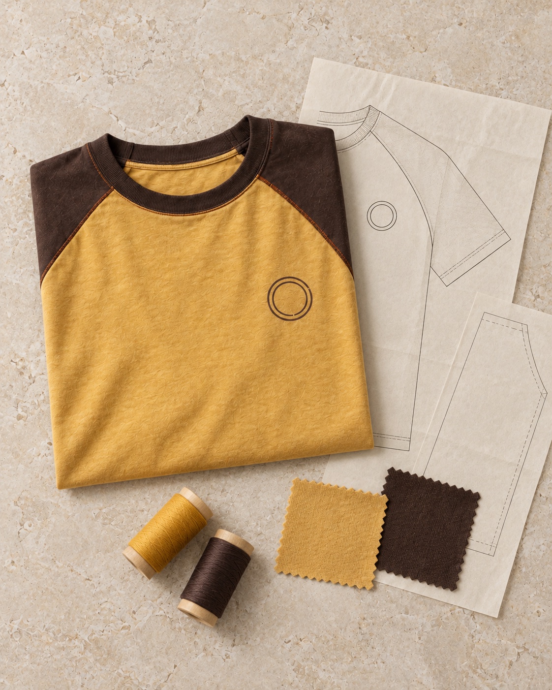 Garment development still life of the original contrast raglan t-shirt concept in mustard / espresso