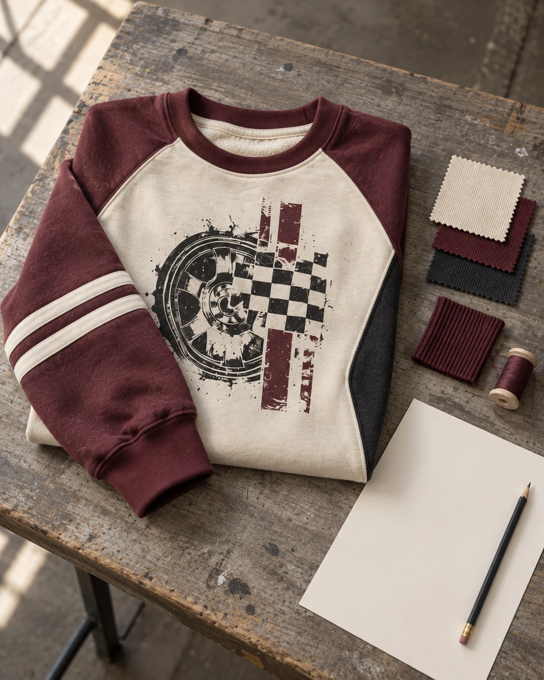 Garment development concept with materials and trims — Contrast Raglan Sweatshirt in cream / oxblood / charcoal, AI-generated design concept