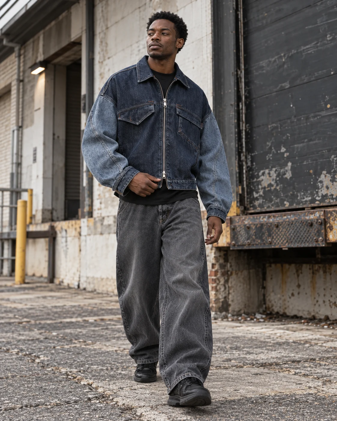 Full-body streetwear styling — Cropped Boxy Denim Jacket in washed indigo / stone blue, AI-generated design concept