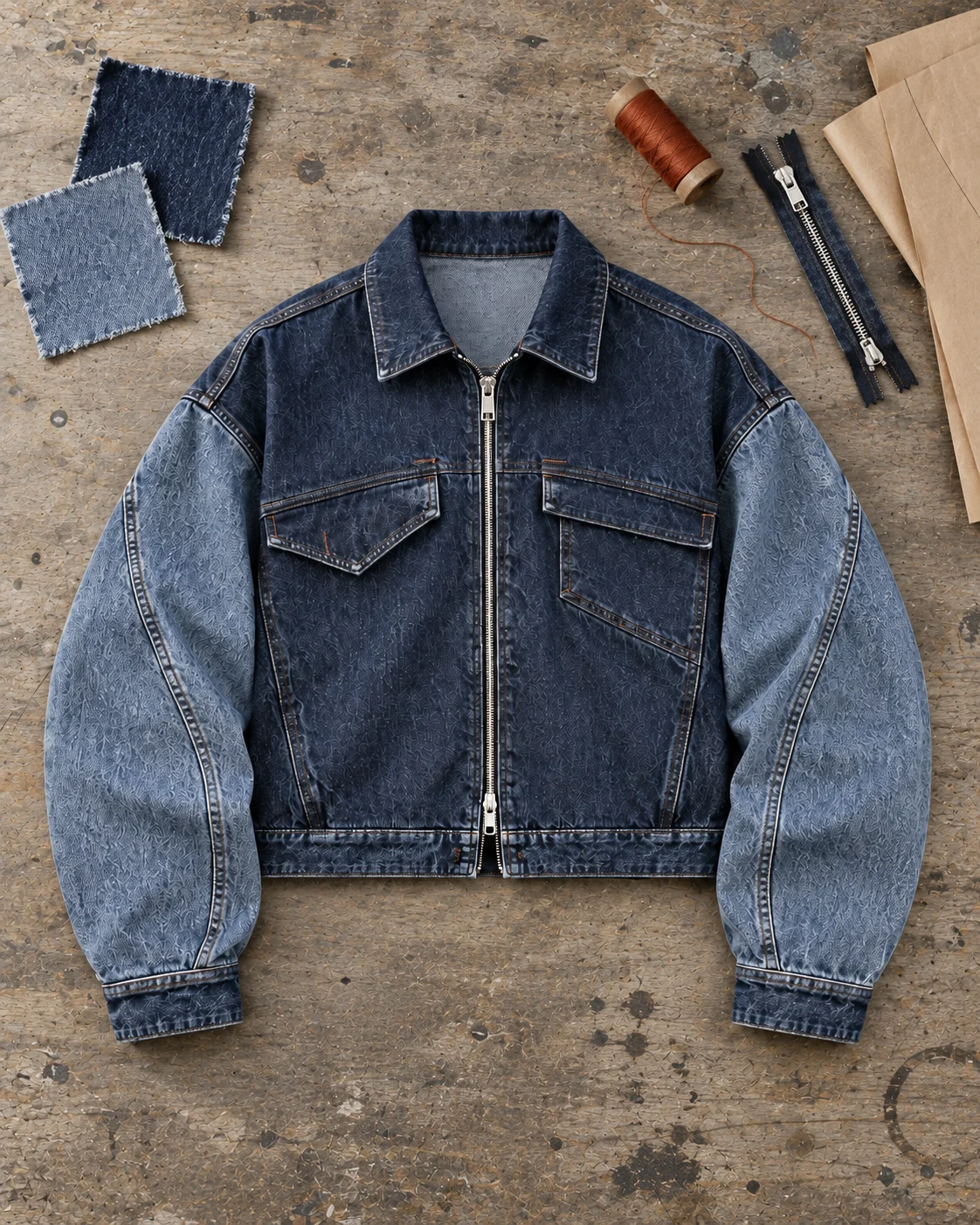 Garment development concept with materials and trims — Cropped Boxy Denim Jacket in washed indigo / stone blue, AI-generated design concept