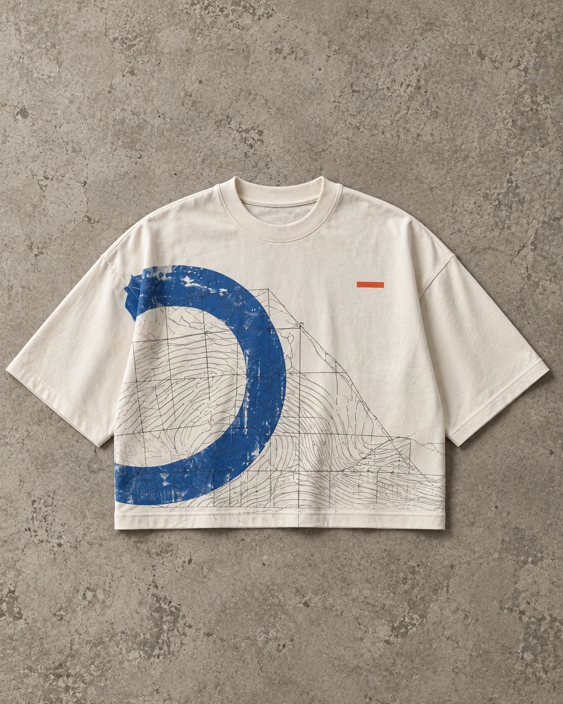 Flat-lay cropped wide T-shirt concept showing shortened body, dropped shoulders, wide sleeves and straight hem