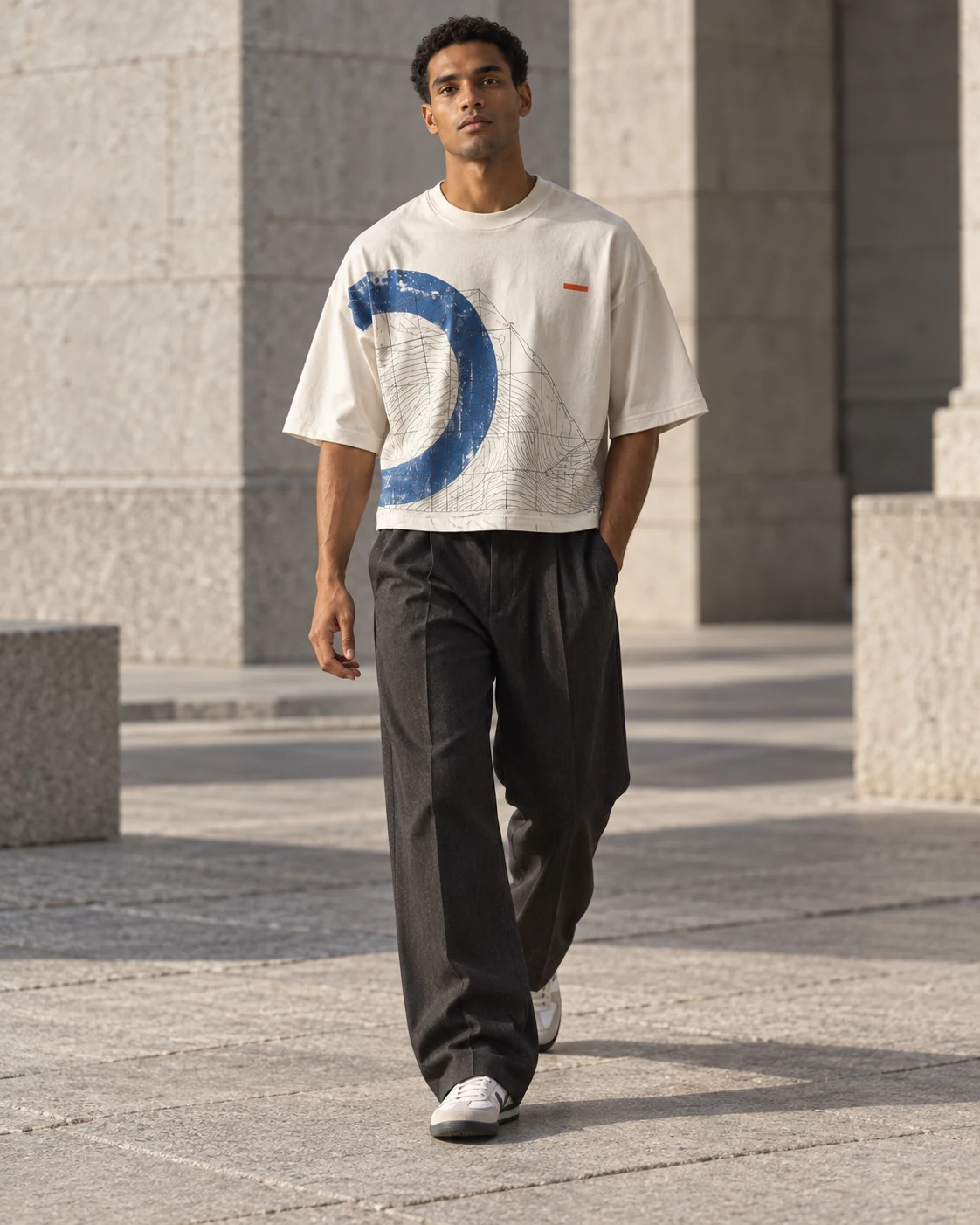 Same model wearing original cropped wide ivory graphic T-shirt with loose charcoal trousers in an urban plaza