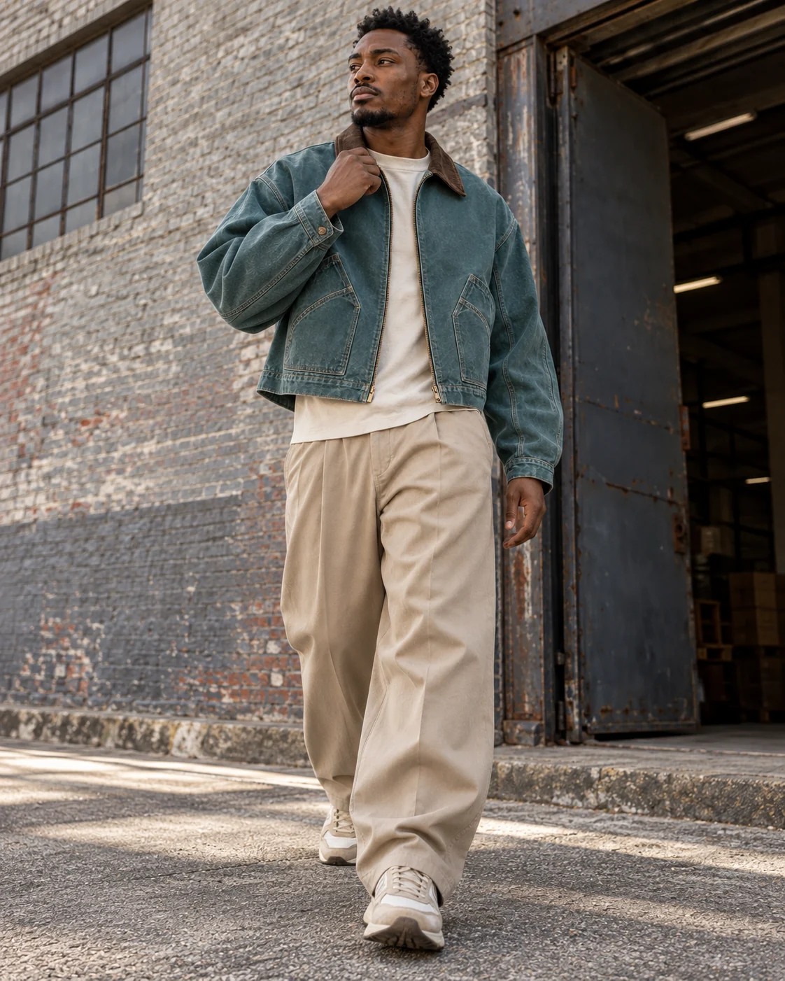 Full-body streetwear styling — Cropped Work Jacket in faded petrol / dark brown, AI-generated design concept