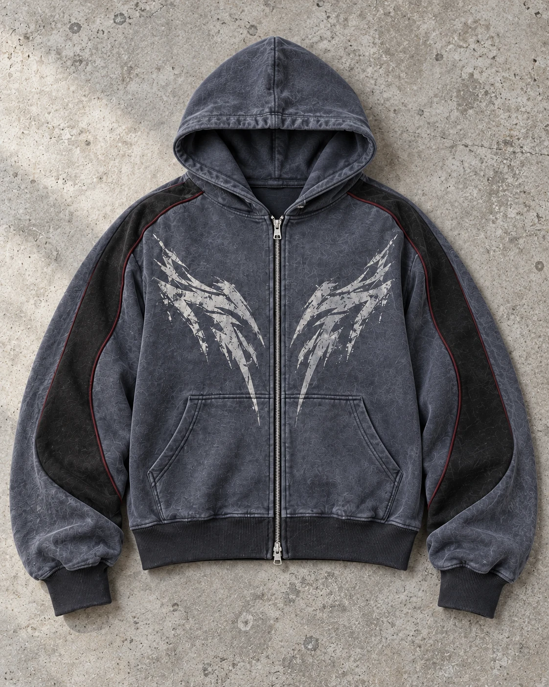 Full garment flat-lay showing the cut — Cropped Zip Hoodie in blue grey / charcoal / burgundy, AI-generated design concept