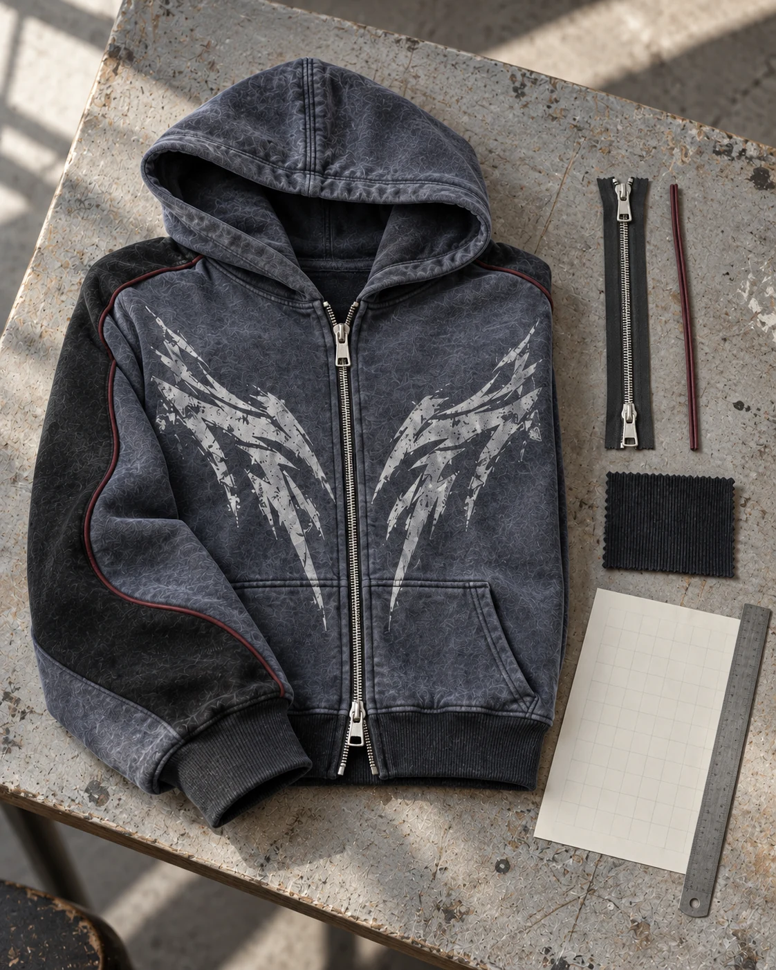 Garment development concept with materials and trims — Cropped Zip Hoodie in blue grey / charcoal / burgundy, AI-generated design concept