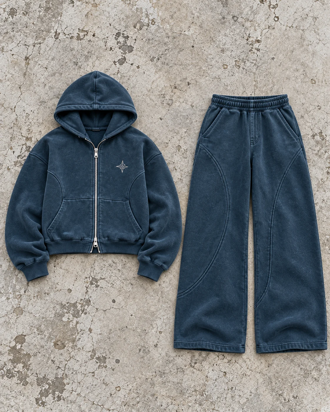 Complete top and bottom flat-lay showing their proportions — Cropped Zip Hoodie Set in washed petrol / bone, AI-generated design concept