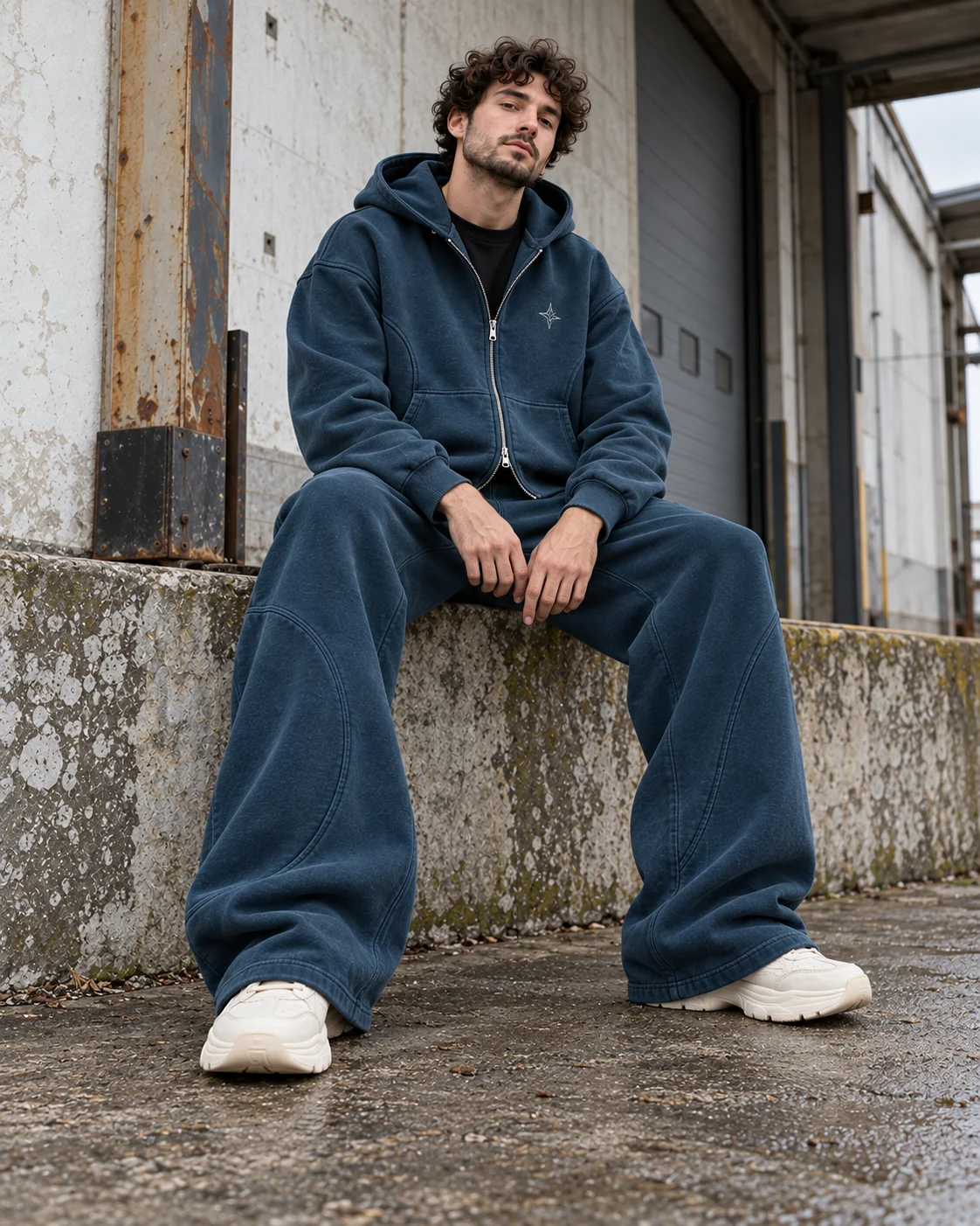Full-body streetwear styling of the matching set — Cropped Zip Hoodie Set in washed petrol / bone, AI-generated design concept
