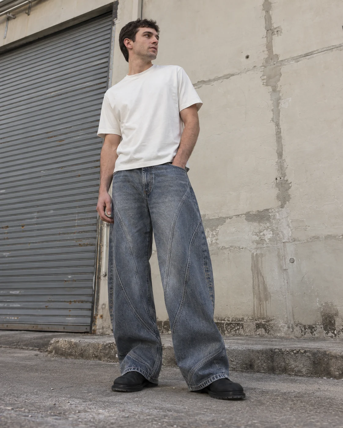 Curved-Panel Jeans from the Xinhui custom streetwear detail collection — AI design concept