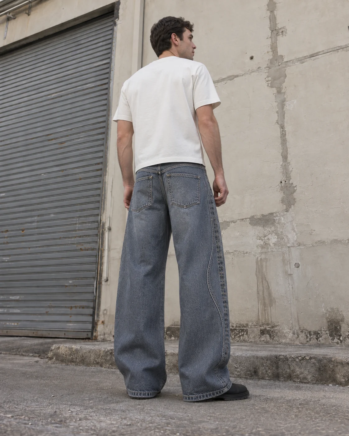 Distinct back design on the same model — Curved-Panel Jeans in slate blue / smoke grey, AI-generated design concept
