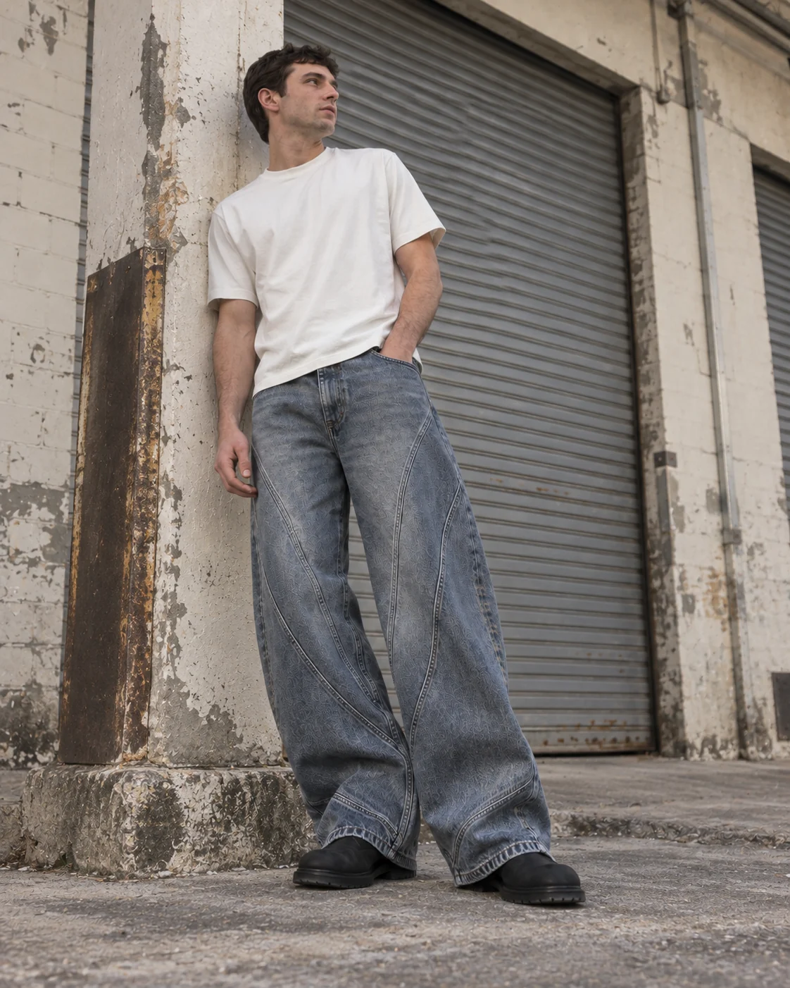 Full-body streetwear styling — Curved-Panel Jeans in slate blue / smoke grey, AI-generated design concept