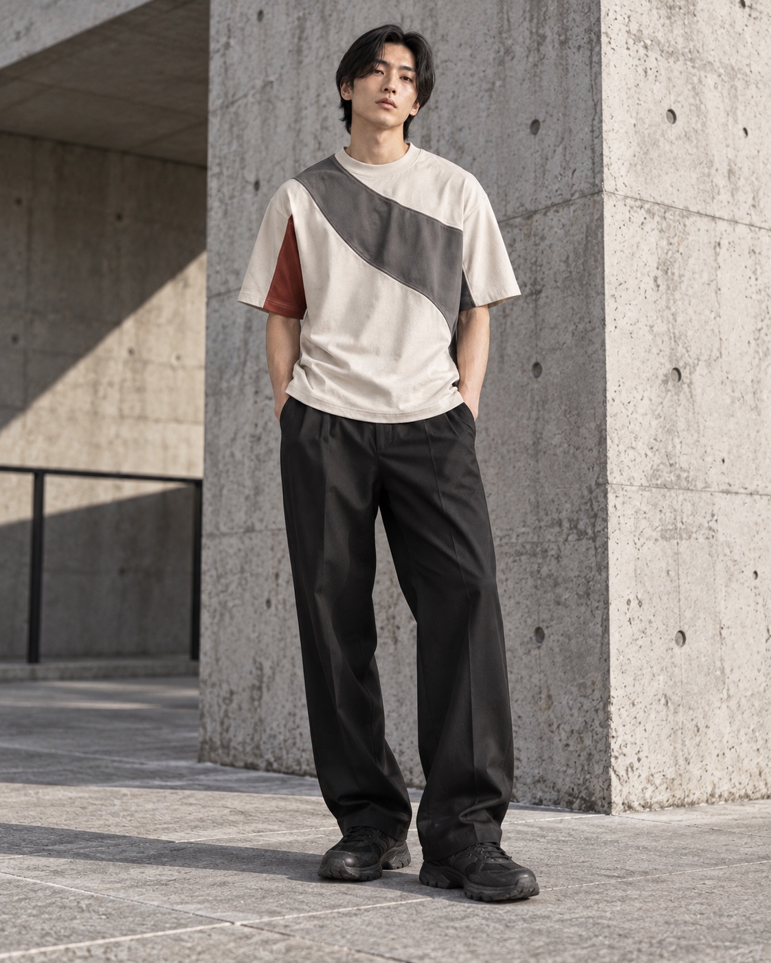 Full-body street styling of the original cut-and-sew panel t-shirt concept in chalk / charcoal / clay