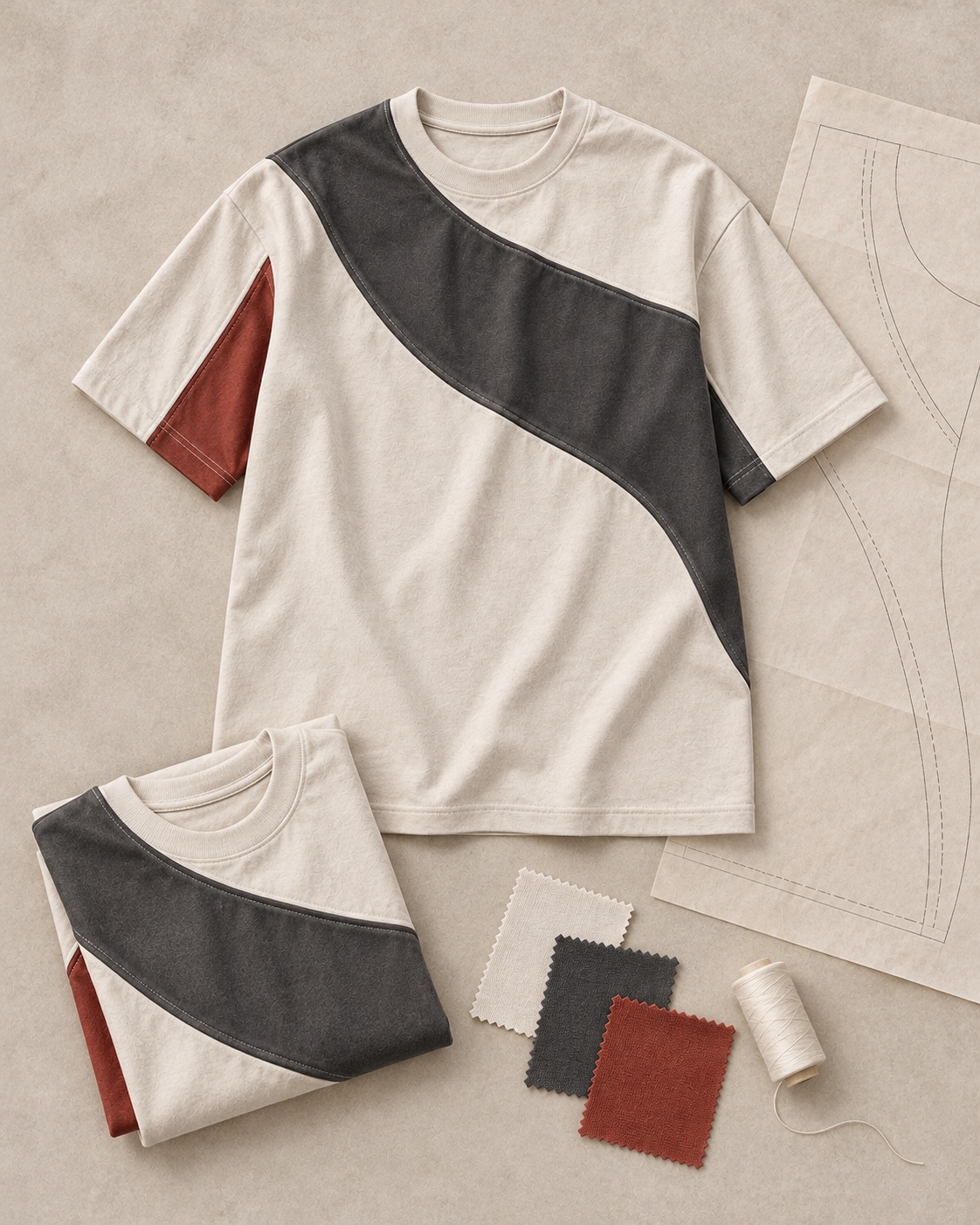Garment development still life of the original cut-and-sew panel t-shirt concept in chalk / charcoal / clay