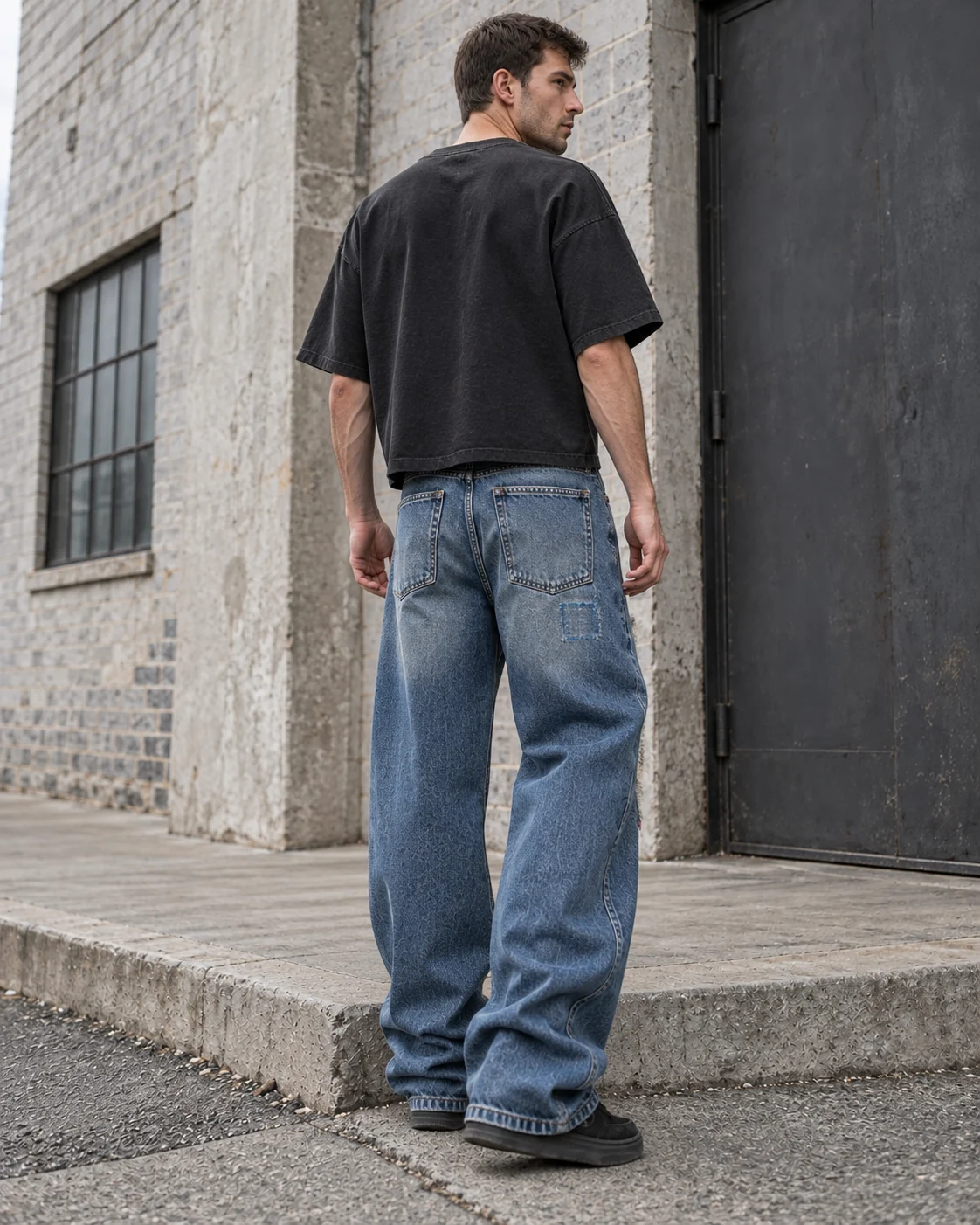 Distinct back design on the same model — Distressed & Repaired Baggy Jeans in faded indigo / deep blue, AI-generated design concept