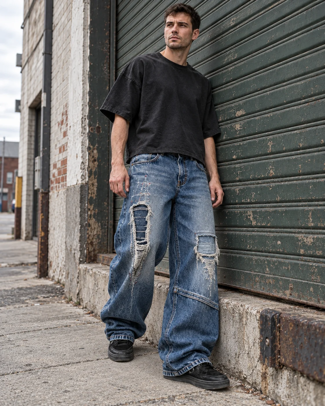 Full-body streetwear styling — Distressed & Repaired Baggy Jeans in faded indigo / deep blue, AI-generated design concept