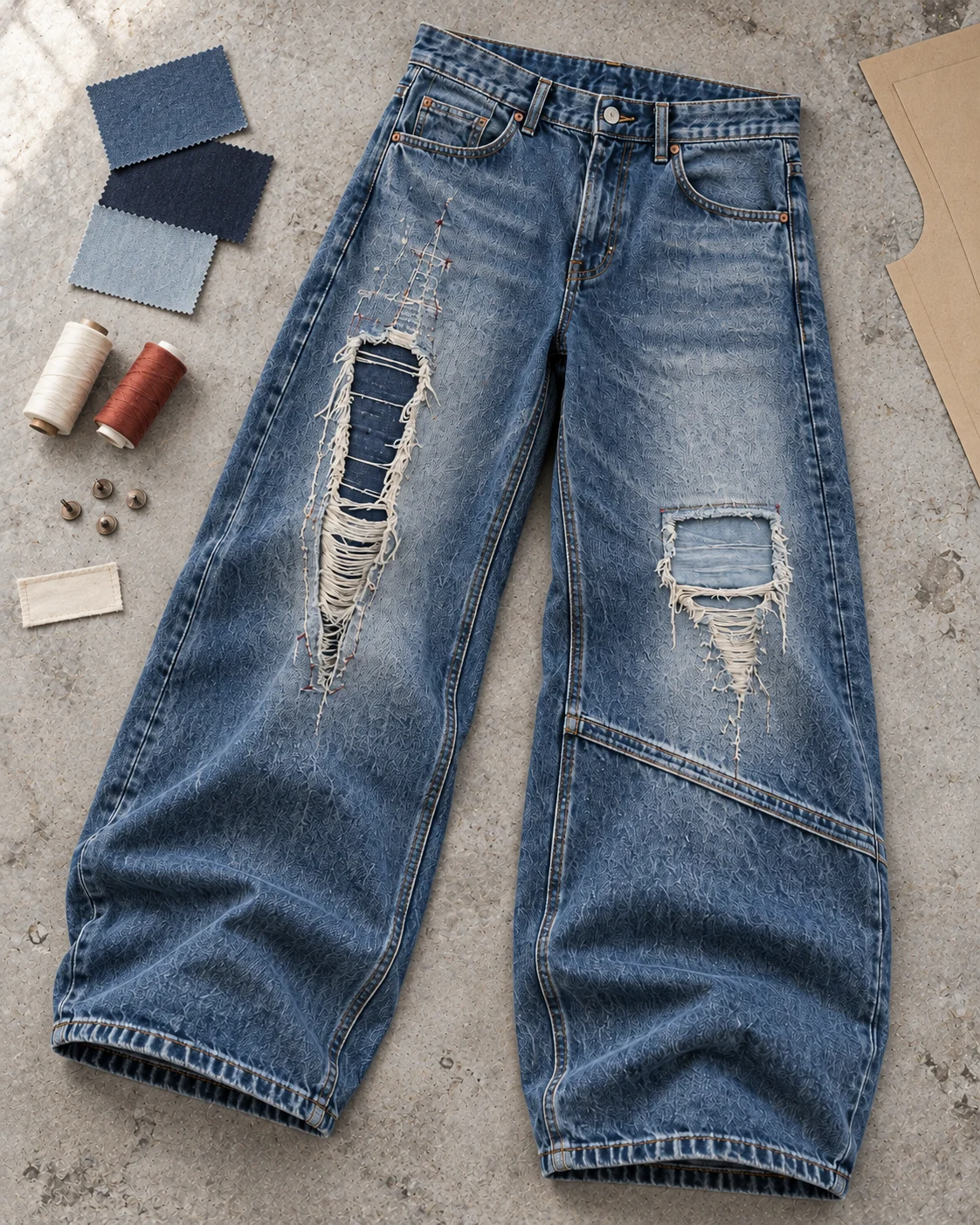 Garment development concept with materials and trims — Distressed & Repaired Baggy Jeans in faded indigo / deep blue, AI-generated design concept