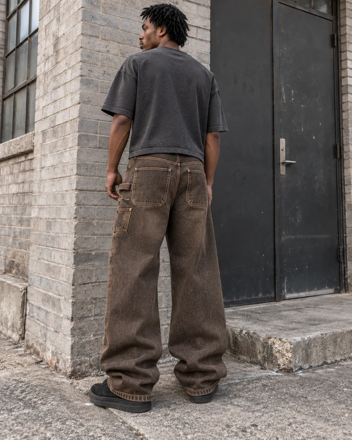 Distinct back design on the same model — Double-Knee Carpenter Jeans in tobacco brown / dark umber, AI-generated design concept