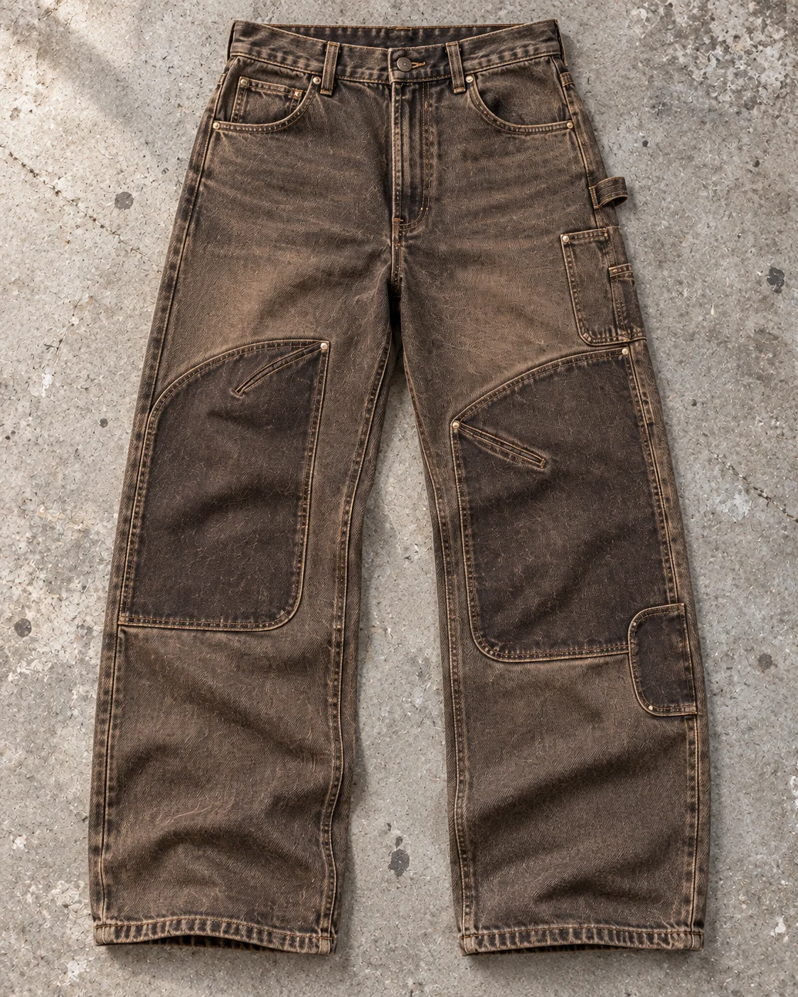 Full garment flat-lay showing the cut — Double-Knee Carpenter Jeans in tobacco brown / dark umber, AI-generated design concept