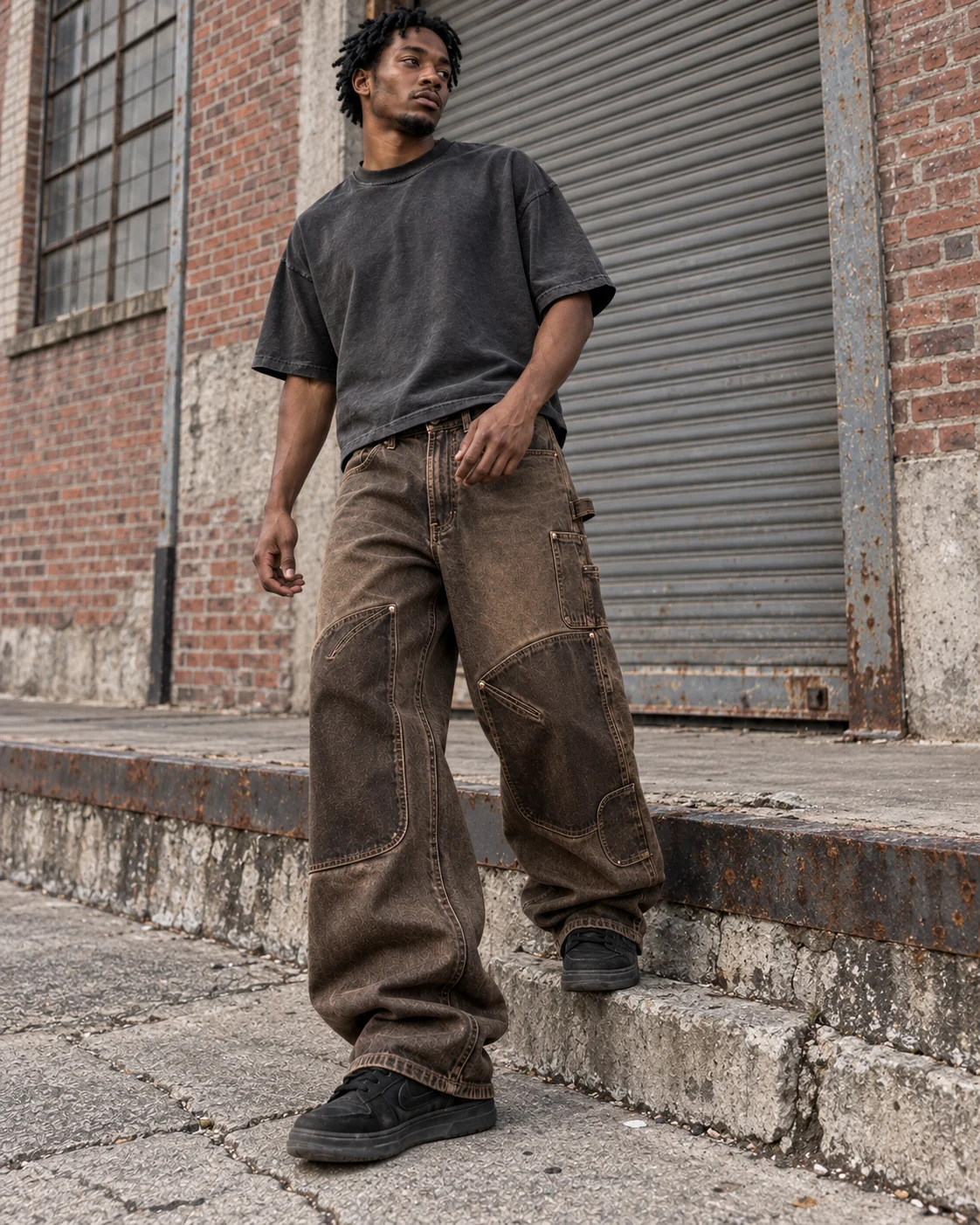 Full-body streetwear styling — Double-Knee Carpenter Jeans in tobacco brown / dark umber, AI-generated design concept