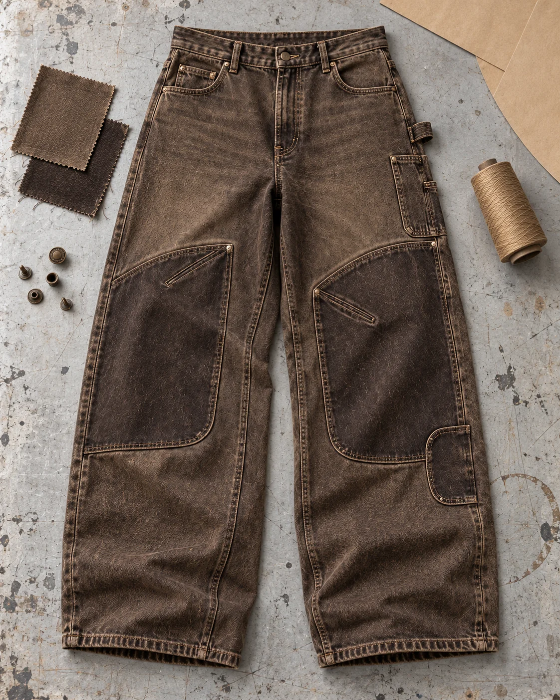 Garment development concept with materials and trims — Double-Knee Carpenter Jeans in tobacco brown / dark umber, AI-generated design concept
