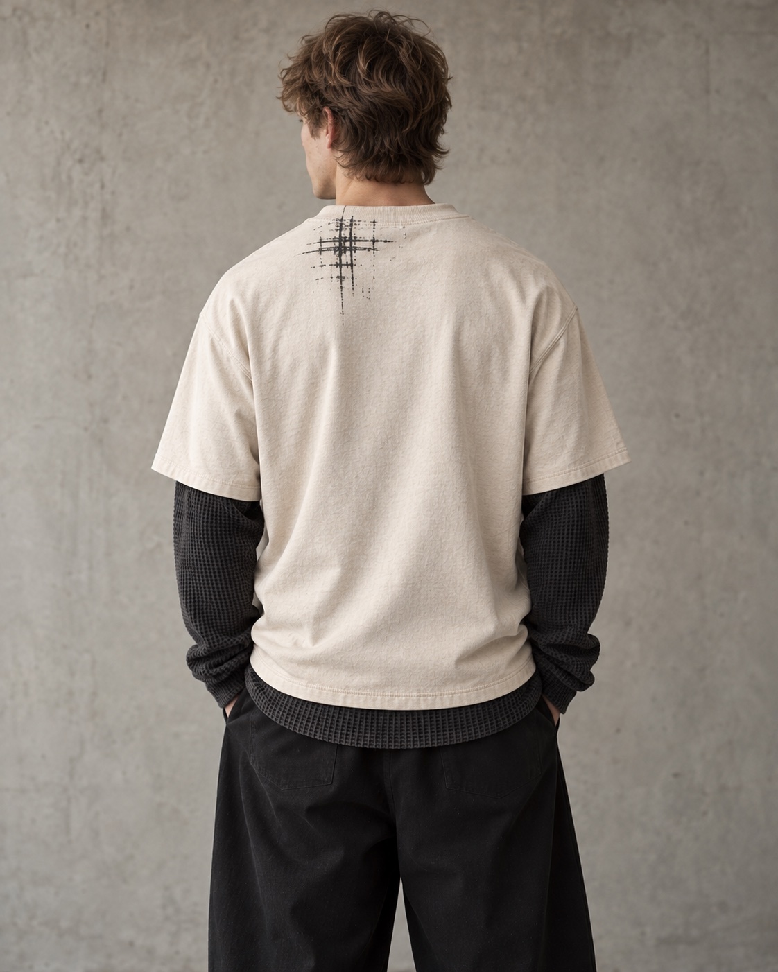 Back on-model view of the original double-layer thermal t-shirt concept in cream / charcoal