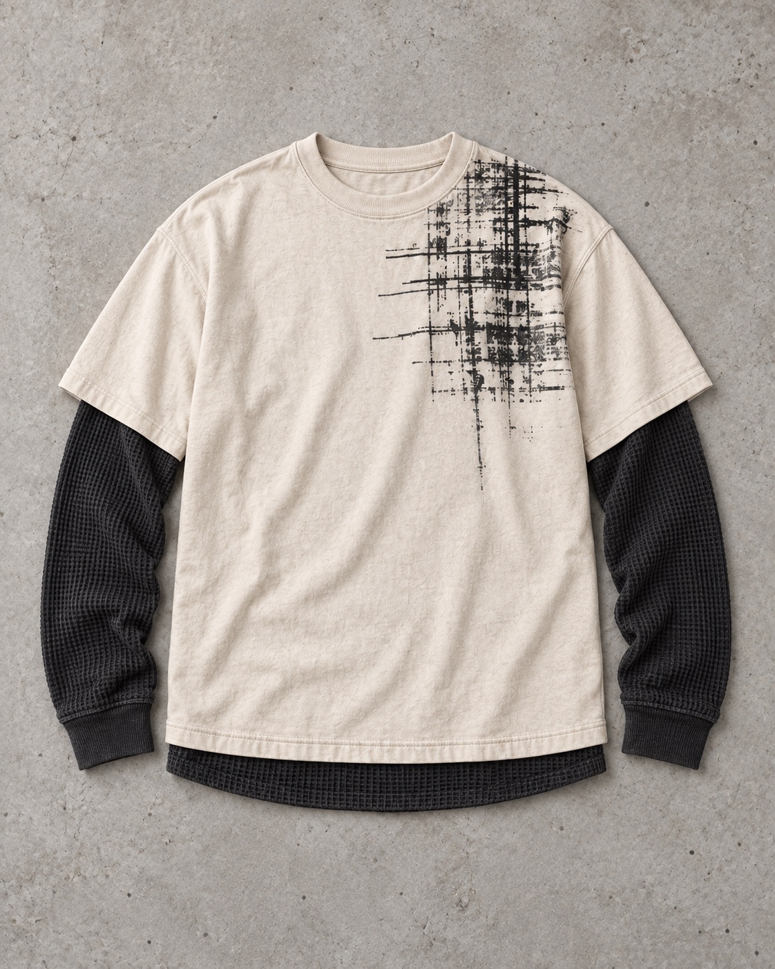 Full garment flat-lay of the original double-layer thermal t-shirt concept in cream / charcoal