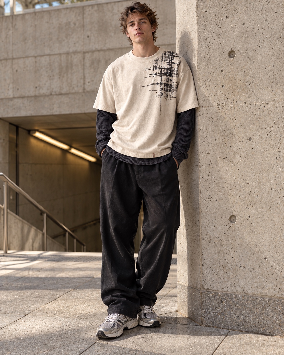 Full-body street styling of the original double-layer thermal t-shirt concept in cream / charcoal