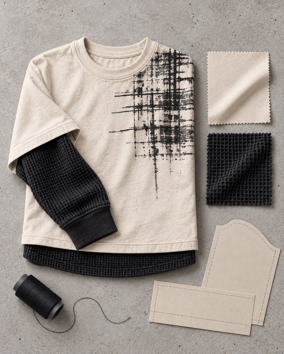 Garment development still life of the original double-layer thermal t-shirt concept in cream / charcoal