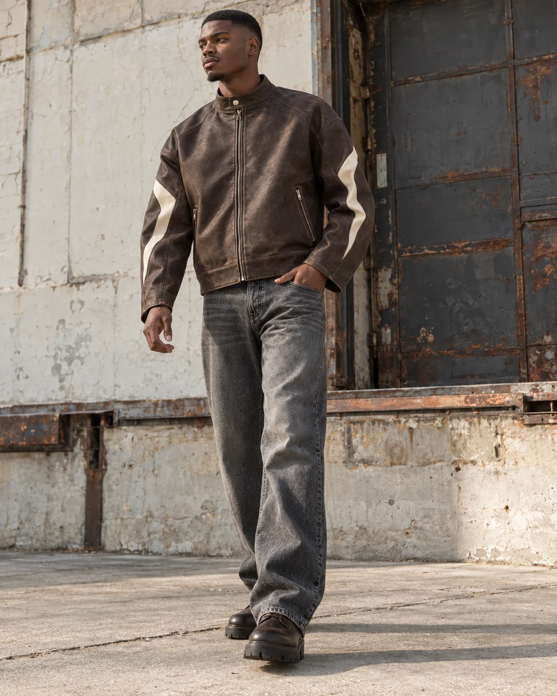 Full-body streetwear styling — Faux Leather Racer Jacket in aged espresso / bone, AI-generated design concept