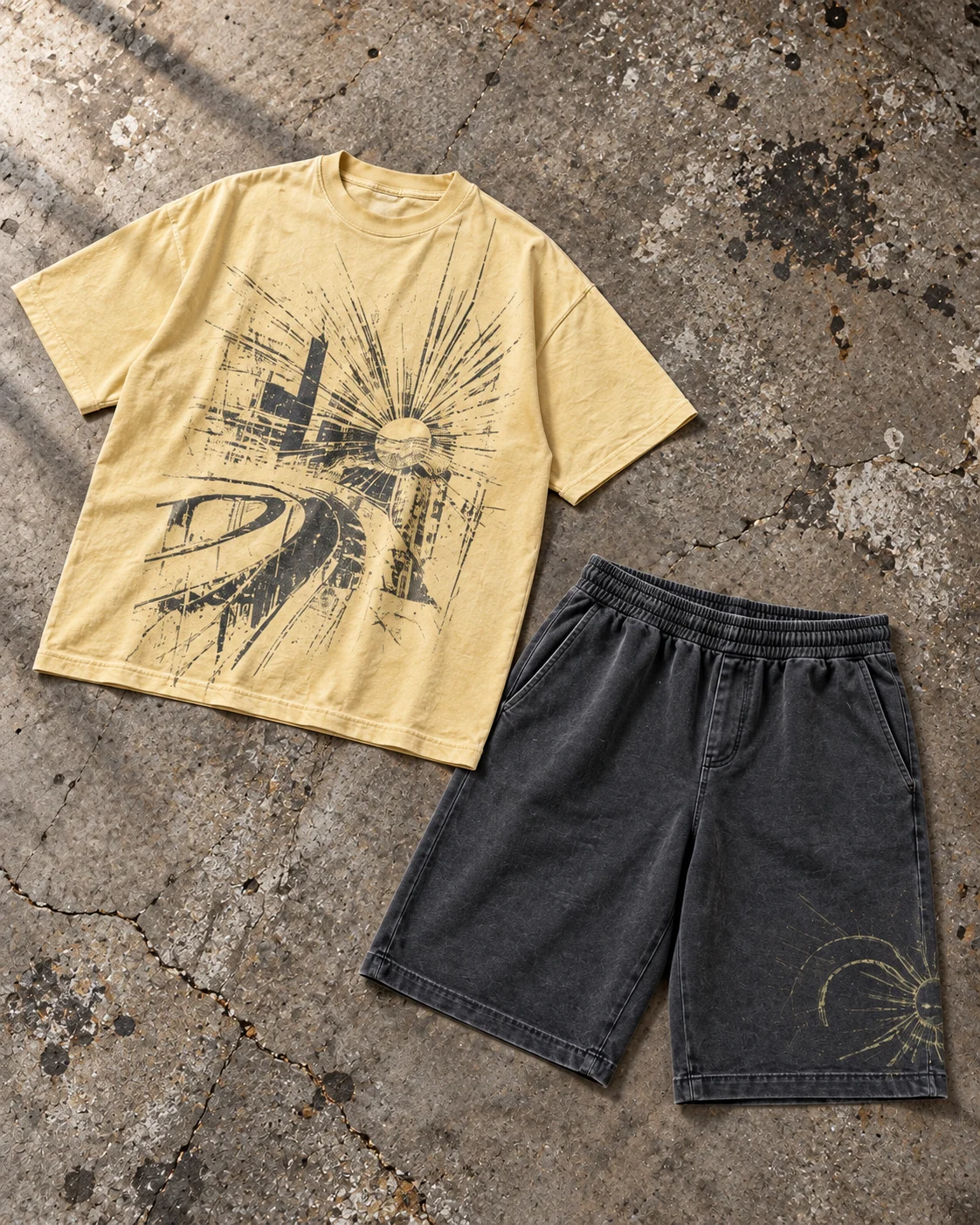 Complete top and bottom flat-lay showing their proportions — Graphic T-Shirt & Shorts Set in washed yellow / charcoal / moss, AI-generated design concept