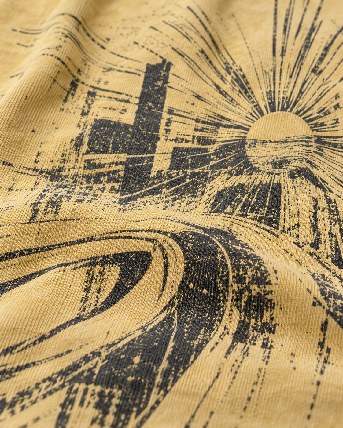Close-up of fabric and coordinated construction — Graphic T-Shirt & Shorts Set in washed yellow / charcoal / moss, AI-generated design concept