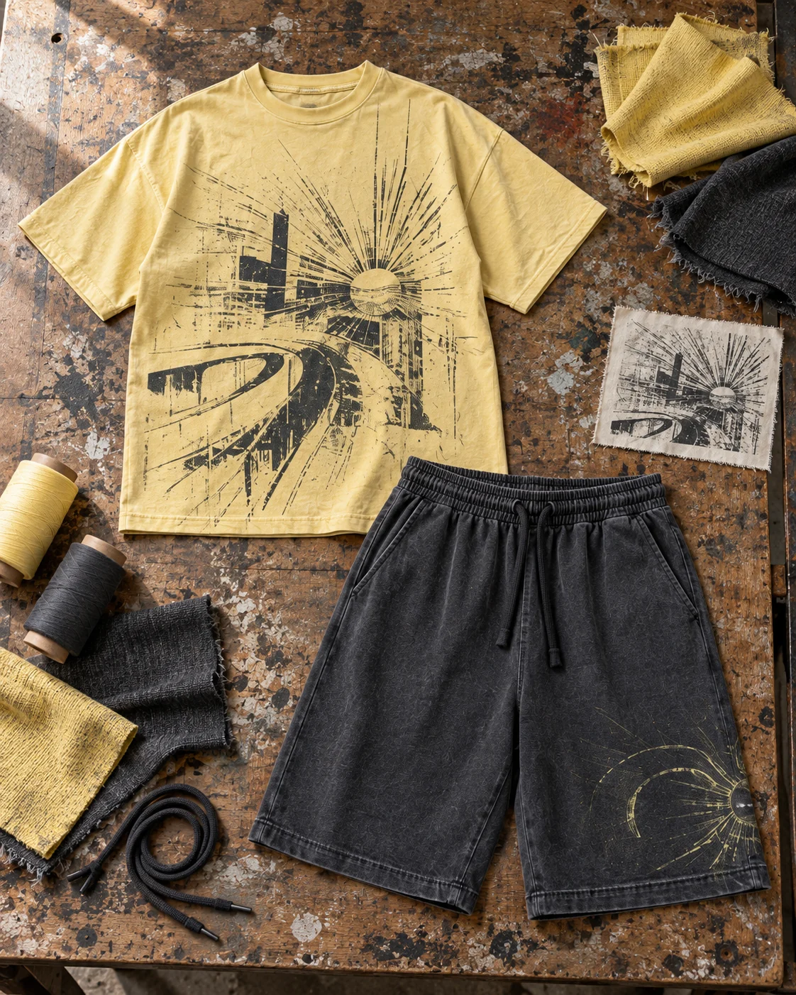 Two-piece development concept with materials and trims — Graphic T-Shirt & Shorts Set in washed yellow / charcoal / moss, AI-generated design concept