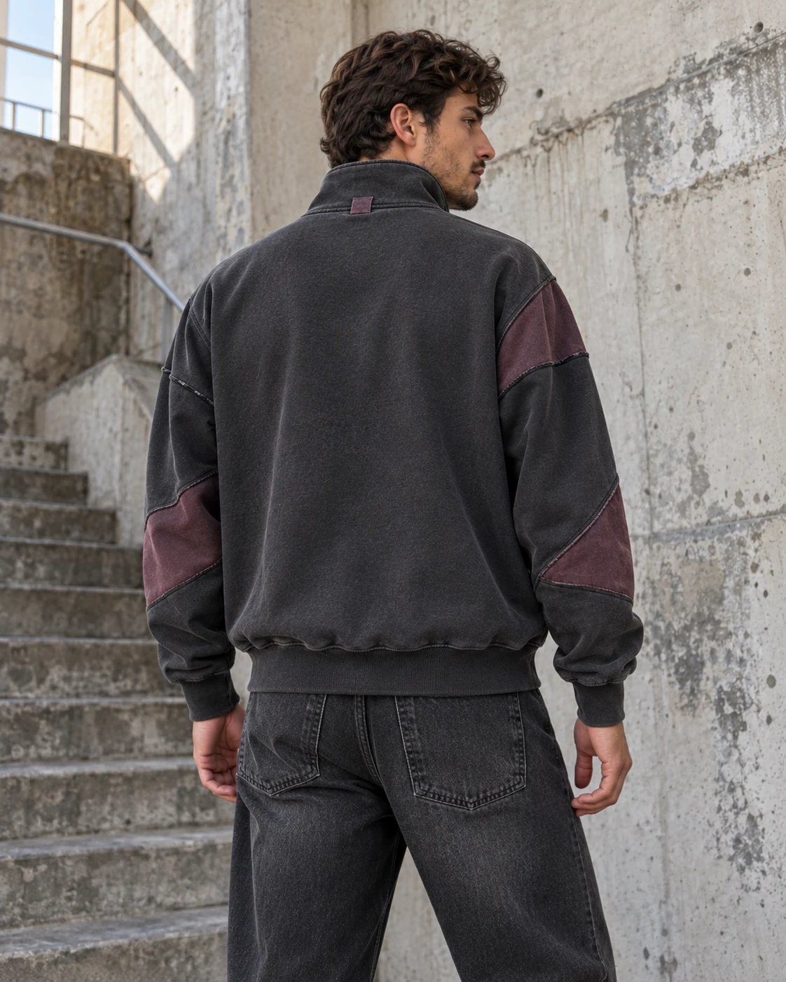 Distinct back design on the same model — Half-Zip Sweatshirt in washed graphite / dusty plum, AI-generated design concept