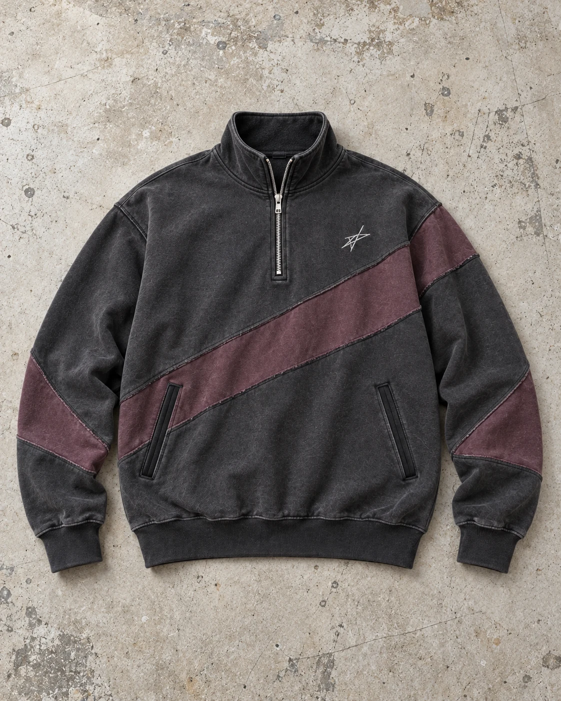 Full garment flat-lay showing the cut — Half-Zip Sweatshirt in washed graphite / dusty plum, AI-generated design concept